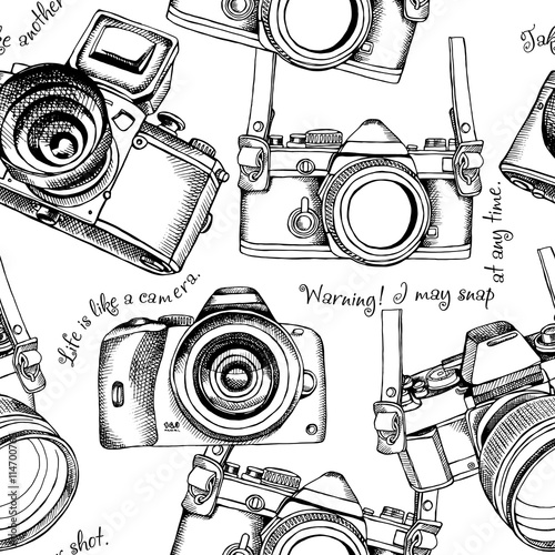 Seamless pattern with the images of cameras. Vector illustration.