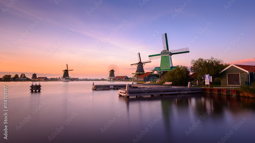 Twilight at Zaanse Schans, windmills village, near Amsterdam