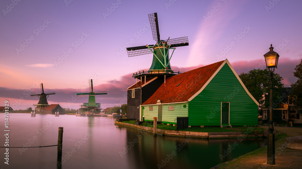 Twilight at Zaanse Schans, windmills village, near Amsterdam