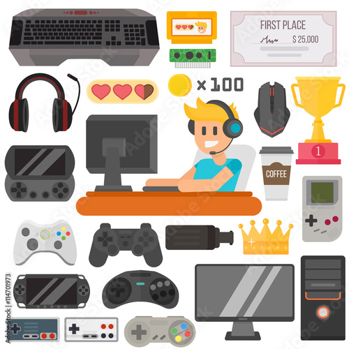 Flat design kiber sport gaming vector illustration concept game environment, tools and essentials. Various devices gaming kiber sport. Collection virtual computer gamer items and game sport elements.