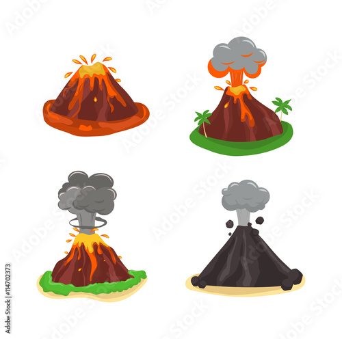 Volcano magma nature blowing up with lava flowing down vector set. Crater mountain volcano hot natural eruption nature. Volcano erupt ash fire hill landscape outdoor geology exploding ash.