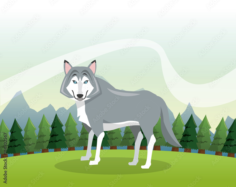 Wolf icon. Landscape background. Vector graphic