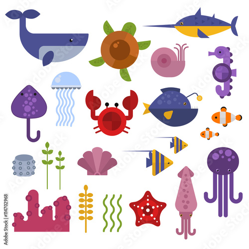 Vector set of cute sea animals creatures characters. Cartoon ocean underwater crab sea animals. Cute aquarium life water collection isolated turtle graphic aquatic tropical sea animals.