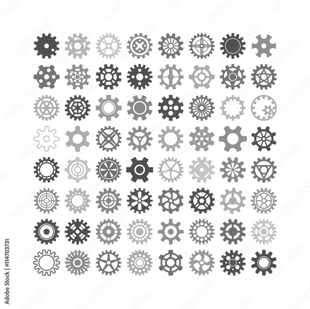 Vector black gears icons set machine wheel mechanism machinery mechanical, technology technical sign. Engineering symbol, round element gears icons. Gears icons work concept, industrial design.