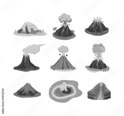 Volcano magma nature blowing up with lava flowing down vector set. Crater mountain volcano hot natural eruption nature. Volcano erupt ash fire hill landscape outdoor geology exploding ash.