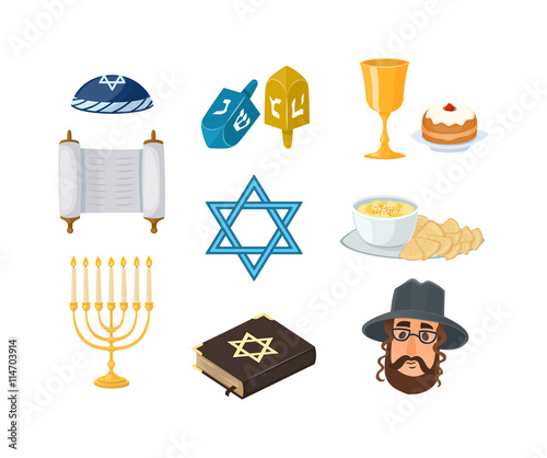 Judaism church traditional symbols icons set and jewish symbols isolated vector illustration. Jewish symbols traditional torah menorah and jewish symbols holiday hanukkah religious design.