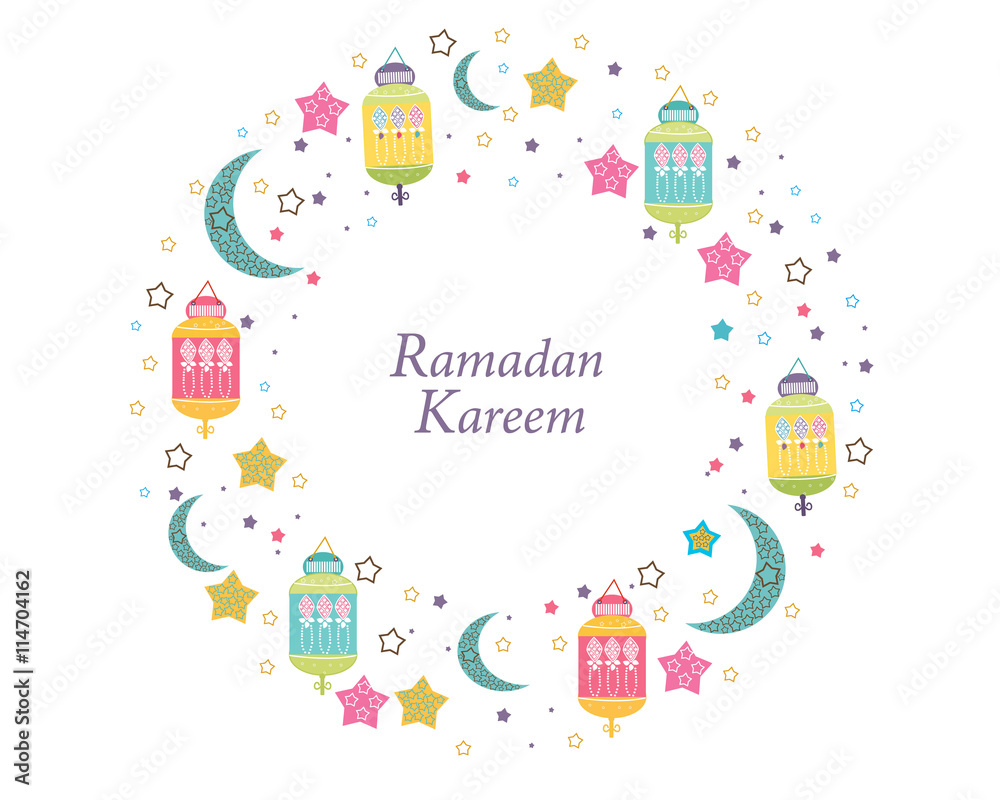 Ramadan Kareem with Lamps, Crescents and Stars. Traditional lantern of Ramadan circle frame colorful vector illustration Ramadan Kareem with Lamps, Crescents and Stars. Traditional lantern of Ramadan circle frame colorful vector illustration