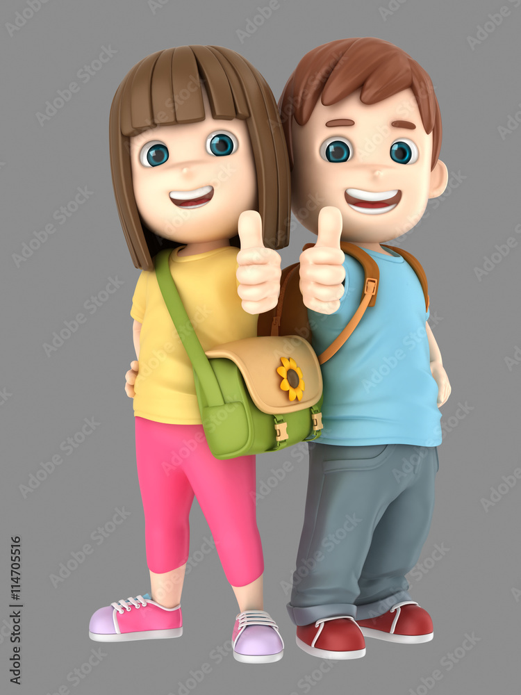 3d render of cute little boy and girl showing thumbs up sign wearing ...