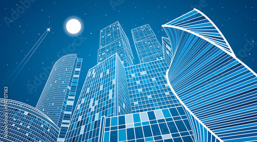 Business building, neon city, infrastructure illustration, modern architecture, skyscrapers, airplane flying, vector design art
