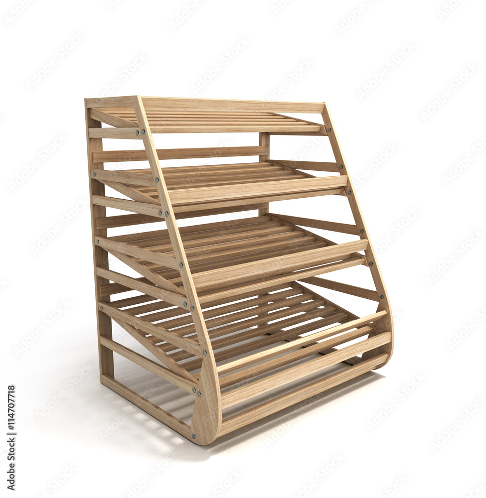 empty wooden shelves for bread 3d render on a white background empty wooden shelves for bread 3d render on a white background
