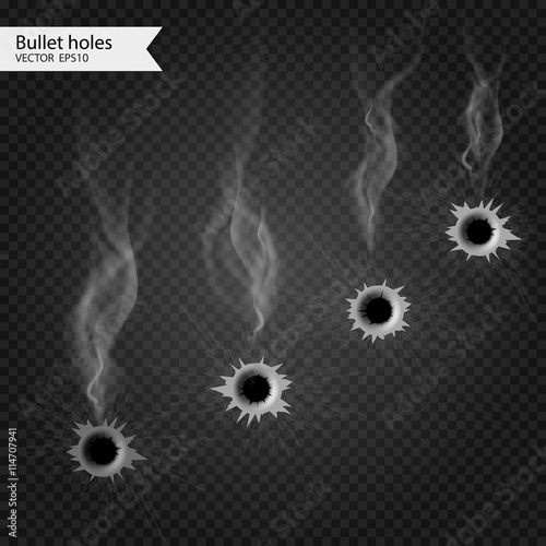 Bullet holes with smoke. Vector Isolated. Really transparent effect