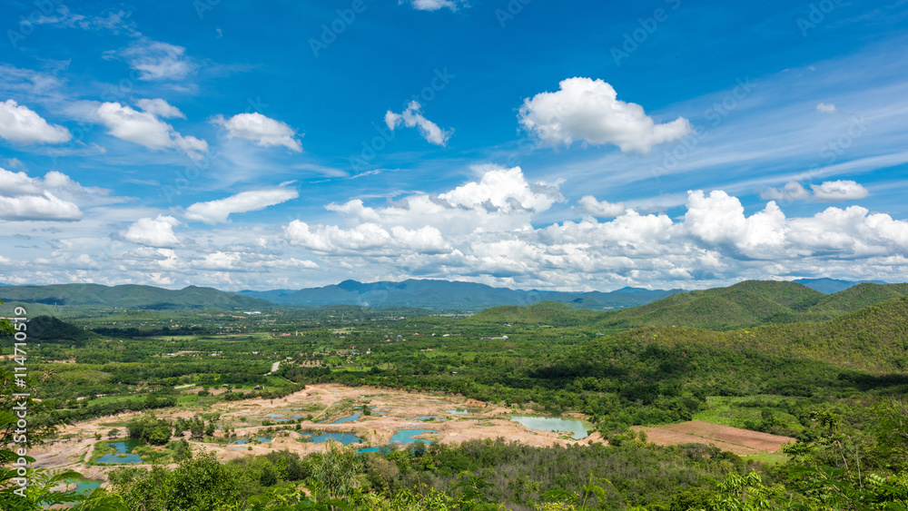 High angle view of villages with blue sky in the north, Thailand