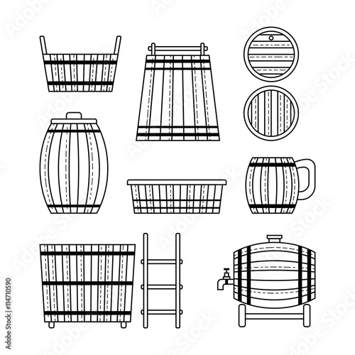Set barrel, mug, wooden tub and products. Flat linear icons.