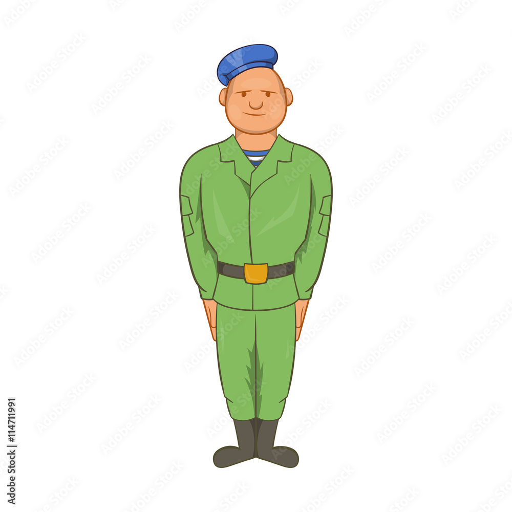 Man in green army uniform and blue beret icon Man in green army uniform and blue beret icon