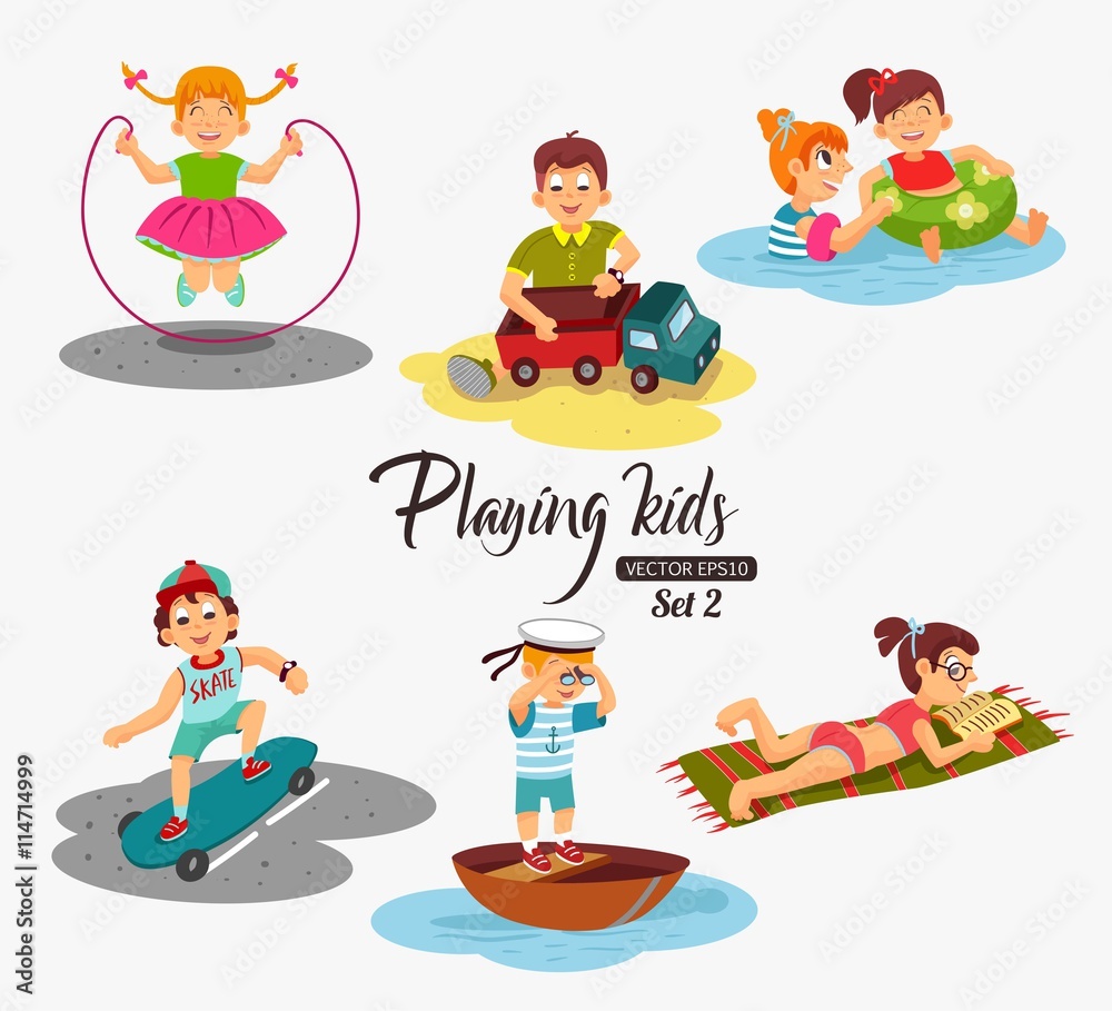 Cartoon kids playing. Boy playing with a toy car, rides skateboard, swim in  the boat, looking through binoculars. Girl jumping rope, swimming, reading  a book. Vector eps 10 format. Stock Vector |