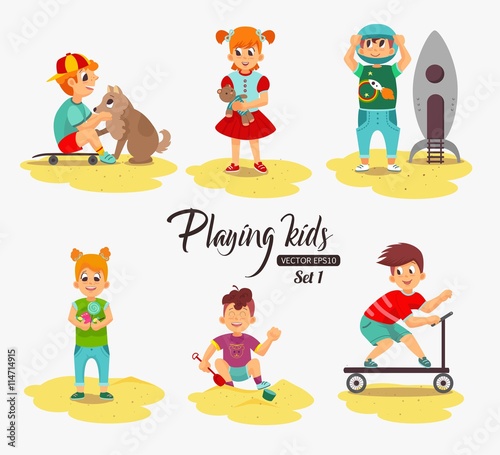Cartoon kids playing. Boy playing with the dog  building sand  rides a scooter  holding a candy girl holding a teddy bear  boy astronaut. Vector eps 10 format.