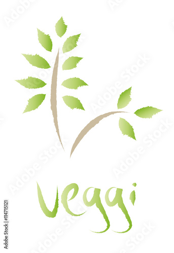 Grafik - grüner Zweig mit Blättern und Schriftzug veggi, vegan, vegetarisch - gesunde Ernährung