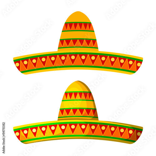 Two Colored Cartoon sombrero on a white background. Isolate. Wid