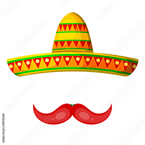 Colored Cartoon sombrero and pepper mustache on a white backgrou