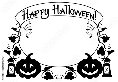 Black and white frame with Halloween pumpkin and text "Happy Halloween!" Vector clip art.