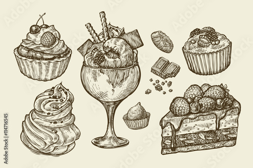 Food, dessert. Hand drawn ice cream, meringue, cupcake, chocolate, piece of cake, pastry, candy, muffin. Sketch vector illustration