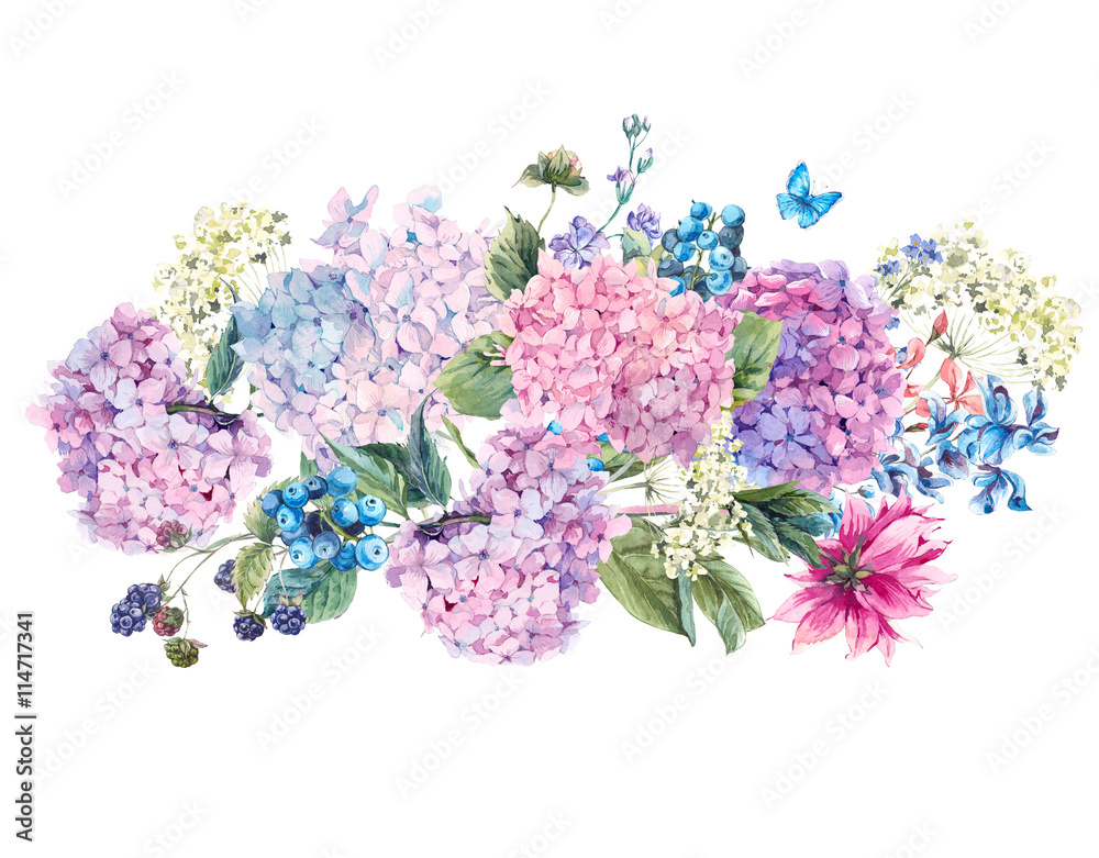 Watercolor Floral bouquet with Hydrangea Stock Illustration | Adobe Stock