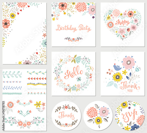 Birthday floral card set with decorative flowers, butterfly, branches, floral wreath and pattern brushes.
