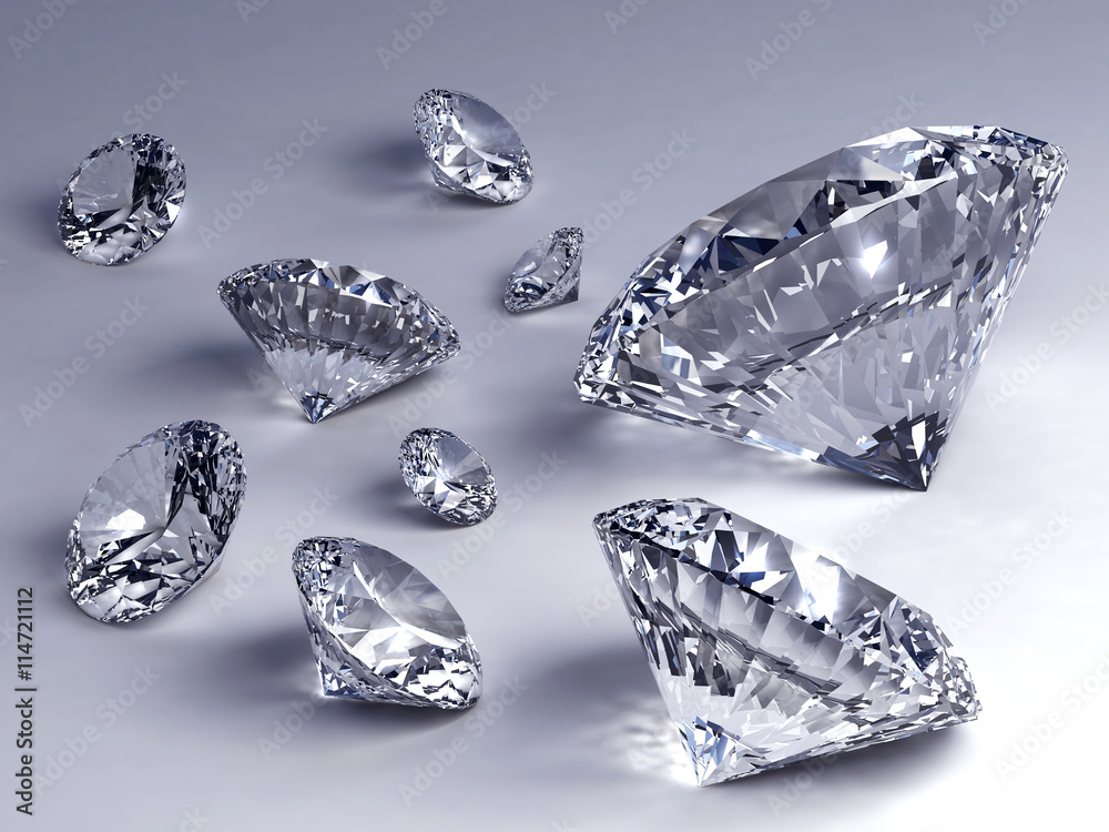 Group of diamonds placed on white background, 3D illustration. Group of diamonds placed on white background, 3D illustration.