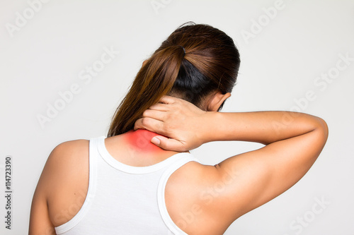 Photography girl holds neck in his hands