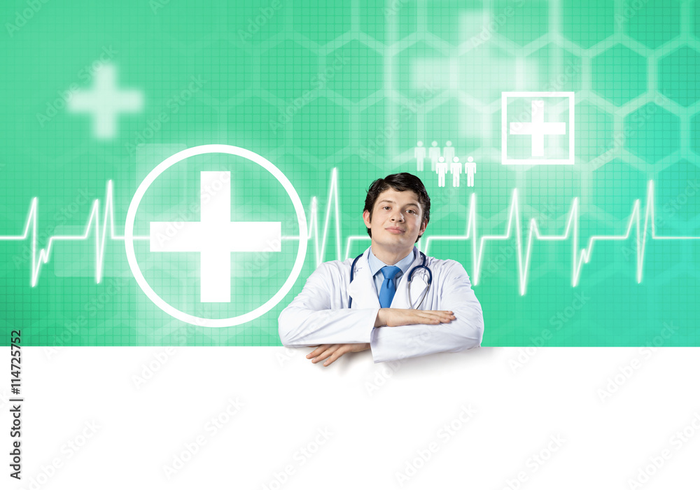 Doctor with banner Doctor with banner