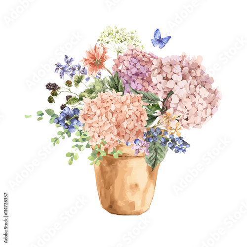 Floral Greeting Card with Blooming Hydrangea and garden flowers