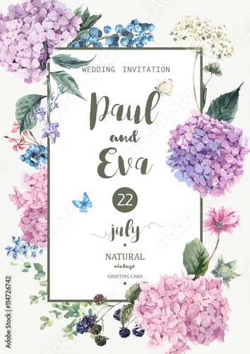 Vector wedding invitation with Hydrangea