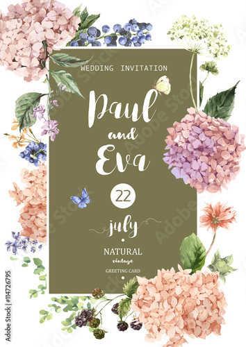 Vector wedding invitation with Hydrangea
