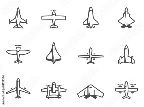 Airplane silhouette icons in black & white.