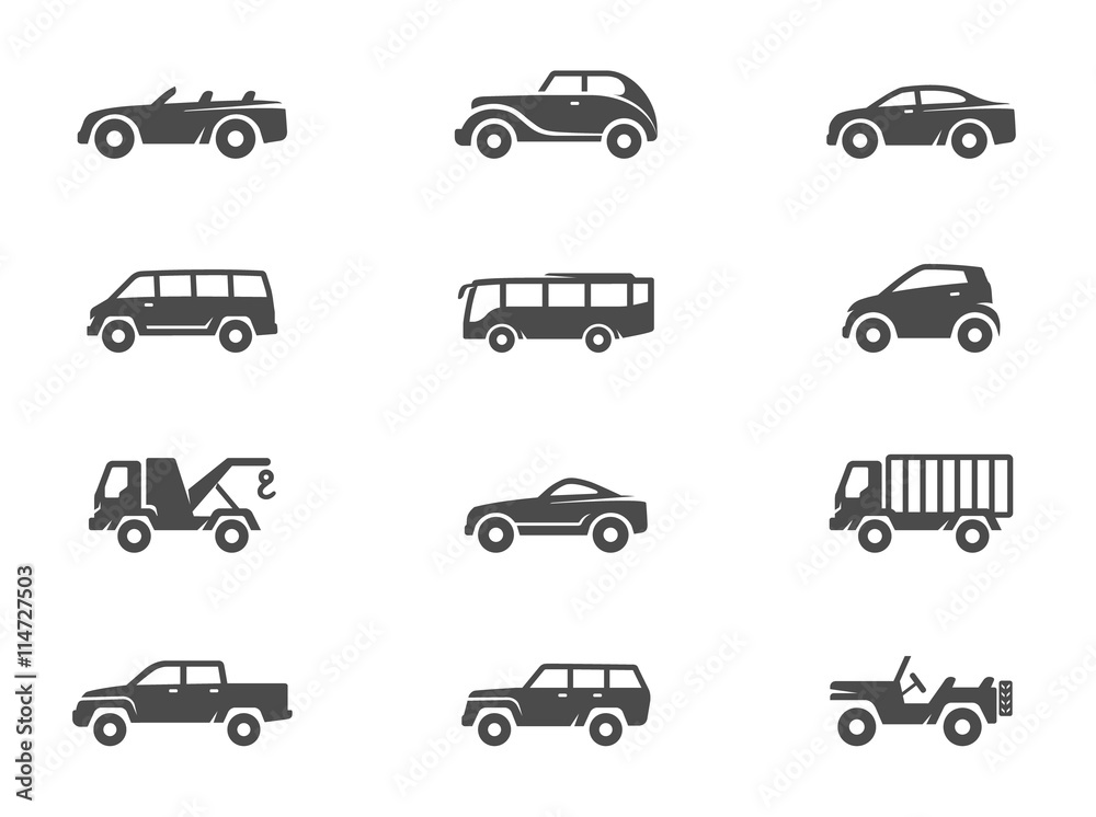 Car icons in black & white.