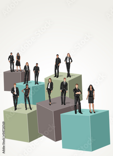 3d cubes with business people. Infographic design. Sketch silhouette. 