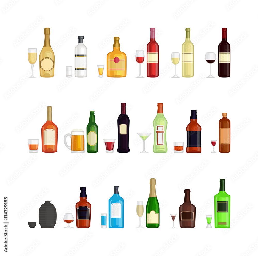 Alcohol drinks beverages and cocktail whiskey drink bottle lager refreshment container. Alcohol menu drunk concept. Set of different alcohol drink bottle and glasses vector illustration. Alcohol drinks beverages and cocktail whiskey drink bottle lager refreshment container. Alcohol menu drunk concept. Set of different alcohol drink bottle and glasses vector illustration.