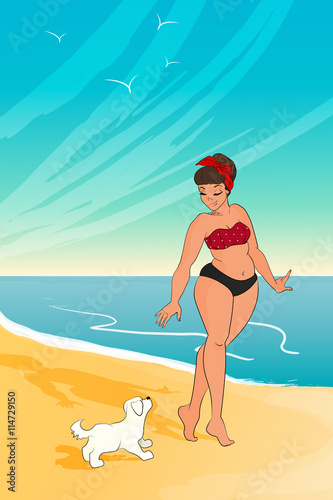 cartoon character. girl wearing bikini. woman walking with the dog at the beach. vector illustration