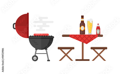 Kettle barbecue grill isolated on white and kettle barbecue grill accessory. Vector camping kettle barbecue grill and metal stove cook device kettle barbecue grill. Picnic cooking bbq device.