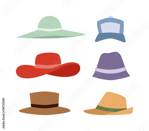 Beach accessories summer hats collection. Summer hats vector set. Summer hats and fashion beach travel hats. Beautiful tropical lifestyle people beach accessories.