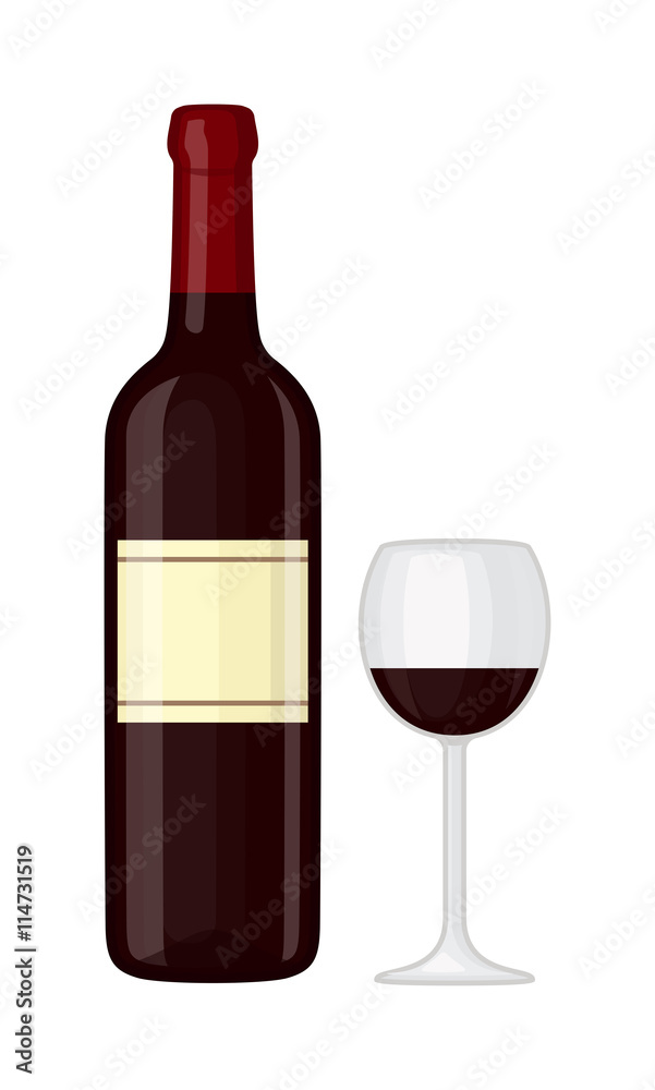 Glass and bottle of wine drink alcohol beverage winery cabernet design vector illustration. Wine bottle and glass elegance product, red wine bottle and bar glass. Merlot product champagne brand.