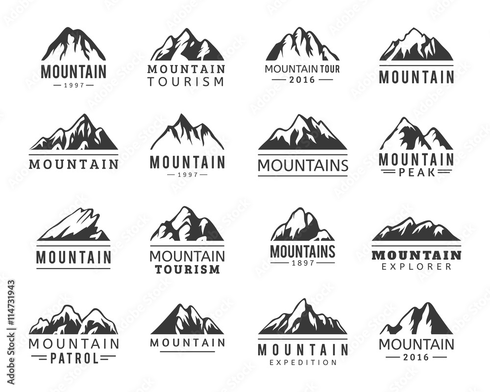 Fototapeta premium Zestaw ikon wektorowych górskich. Zestaw elementów sylwetka górskich. Odkryty ikona śnieg lód szczyty górskie, ozdobne symbole na białym tle. Logo górskich kempingów, etykiet podróżnych, odznak wspinaczkowych lub turystycznych