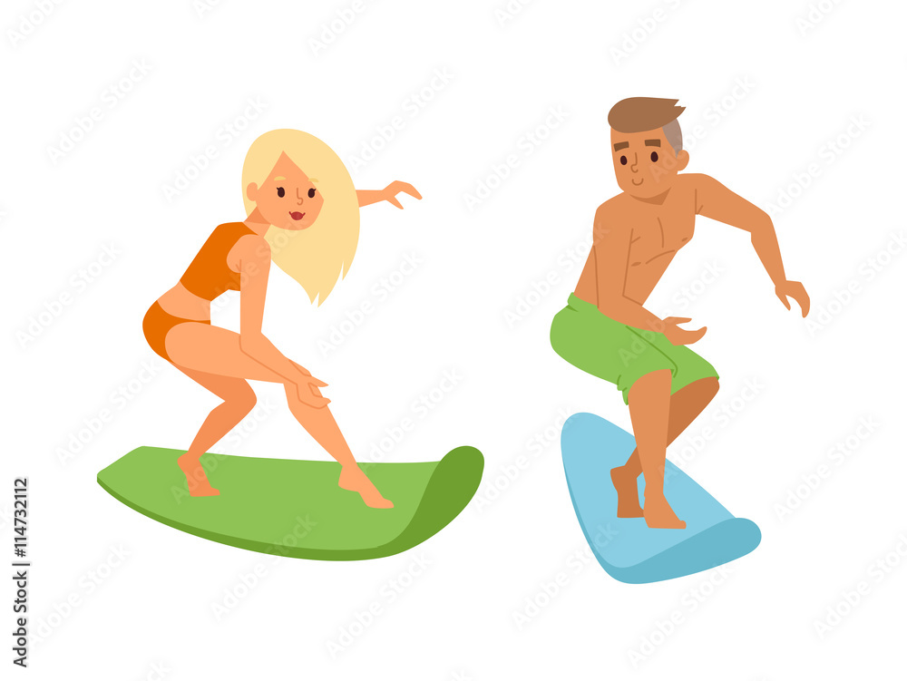 Vector surfing boy standing. Surfing people surfer boy, water sports. Sunny beach water hobby surfing people summer vacation lifestyle. Tropical waves teenager leisure.
