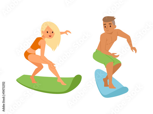 Vector surfing boy standing. Surfing people surfer boy, water sports. Sunny beach water hobby surfing people summer vacation lifestyle. Tropical waves teenager leisure.