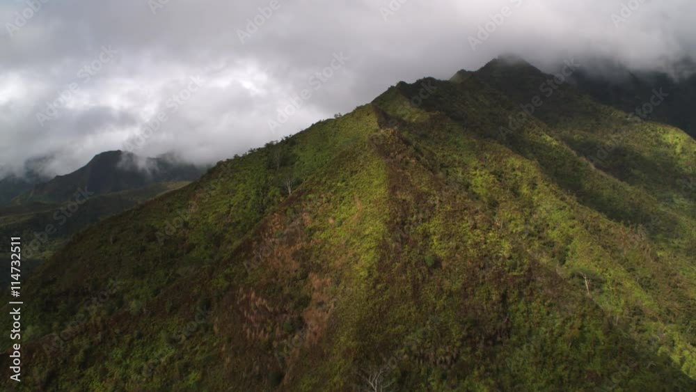 Approaching over sharp spine of a misty tree-covered ridge, Oahu Approaching over sharp spine of a misty tree-covered ridge, Oahu