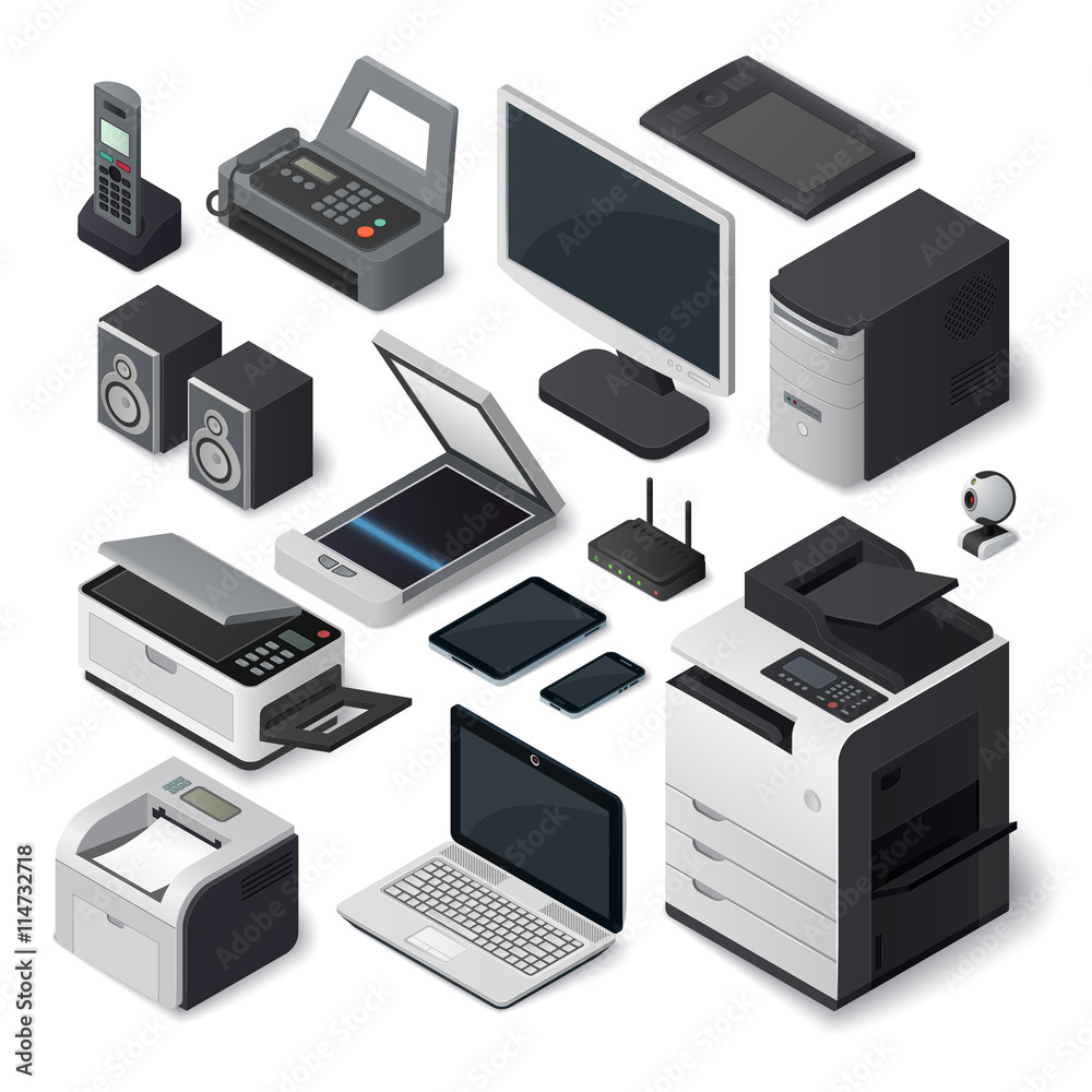 Office equipment isometric printer interior paper furniture style. Set of  vector isometric office equipment pen tablet computer industry. Isometric office  equipment speakers room digital box symbol. Stock Vector