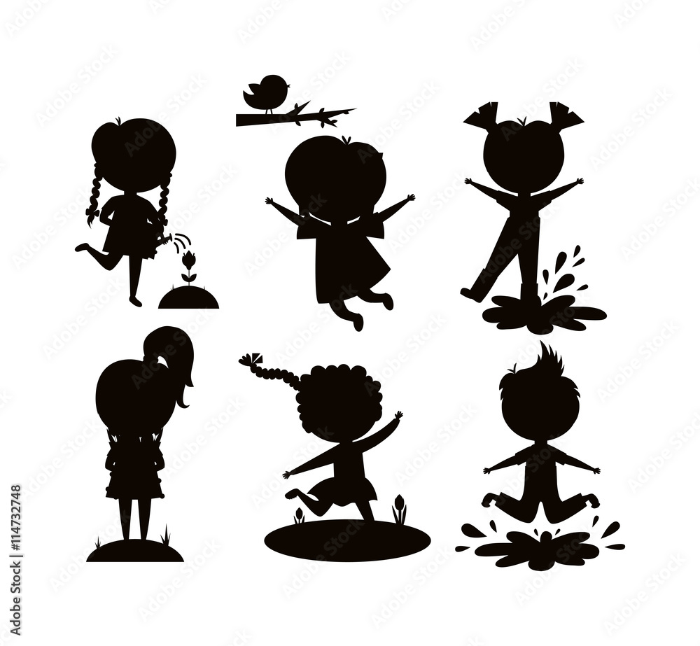 Naklejka premium Many different summer kids, boys and girls black silhouette running in park on sunny summer day. Summer kids casual clothes and playing summer kids. Summer kids outdoor leisure activity. Children play