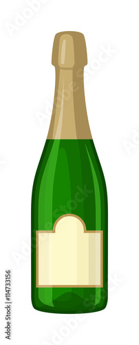 Champagne bottle and champagne glass vector illustration. Alcohol celebration wine isolated champagne bottle. Holiday gold glass new year party beverage champagne romantic drink bottle.