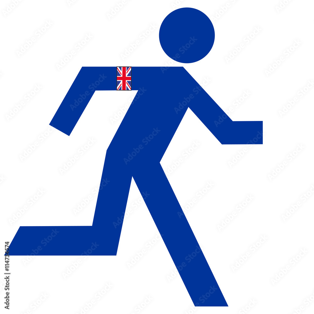 Blaues Brexit Männchen mit England Fahne am Arm Blaues Brexit Männchen mit England Fahne am Arm