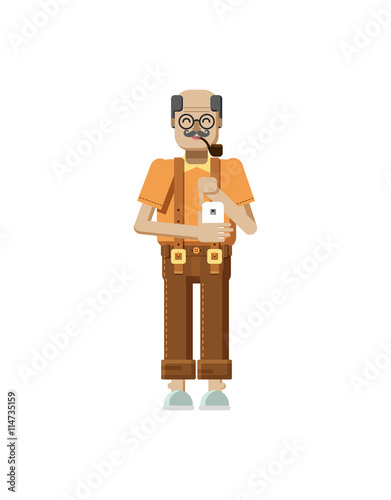 illustration isolated of European elderly retiree, gray hair, mustache, in glasses, old man with smartphone in hand